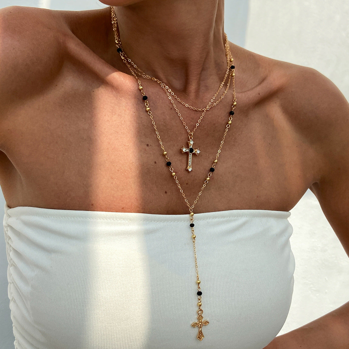 Wholesale Cross Tassel Round Bead Snake Bone Chain Multi-layer Necklace